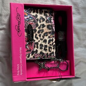 Ed Hardy Leopard Print Crossbody with Key Ring - Pink and Black